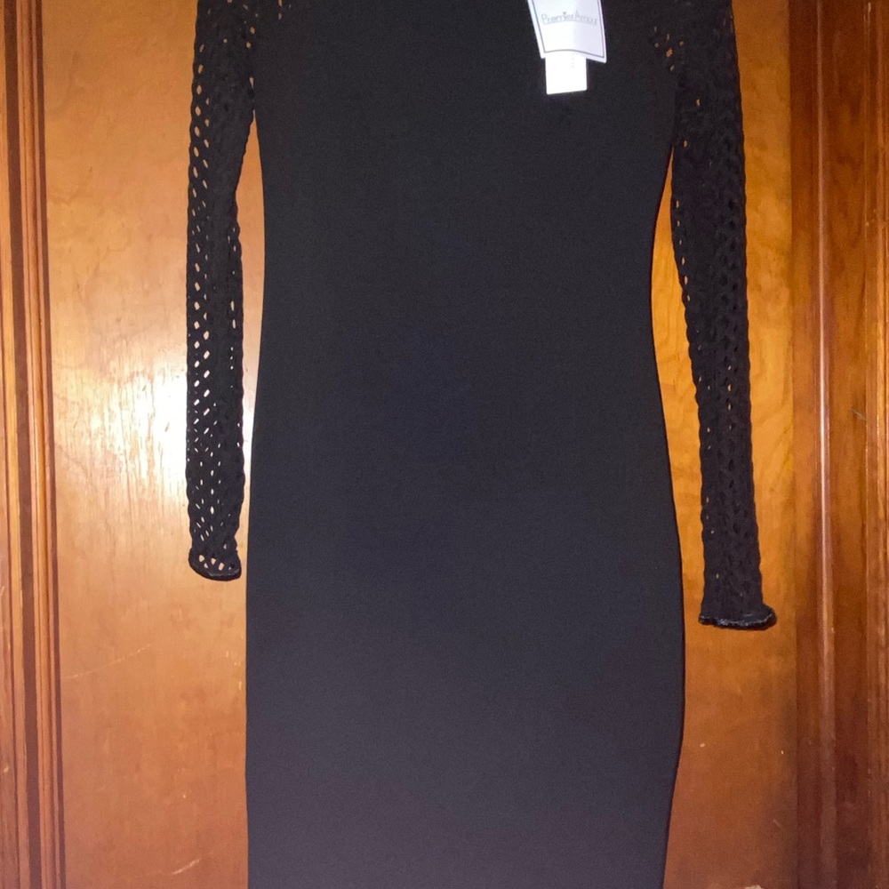 Evening dress with long mesh sleeves & zipper in back. Perfect for a date night.